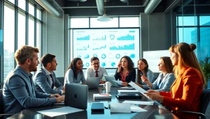 Visualize professionals engaging in competitive intelligence discussions within a modern office.