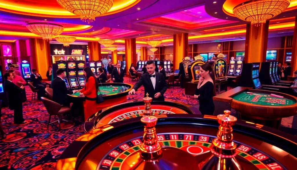 Players placing bets at a 12bet roulette table in a luxurious casino atmosphere.