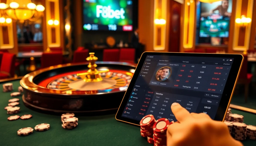 Experience the thrill of gambling at F8bet with vibrant poker chips and a dazzling roulette table.