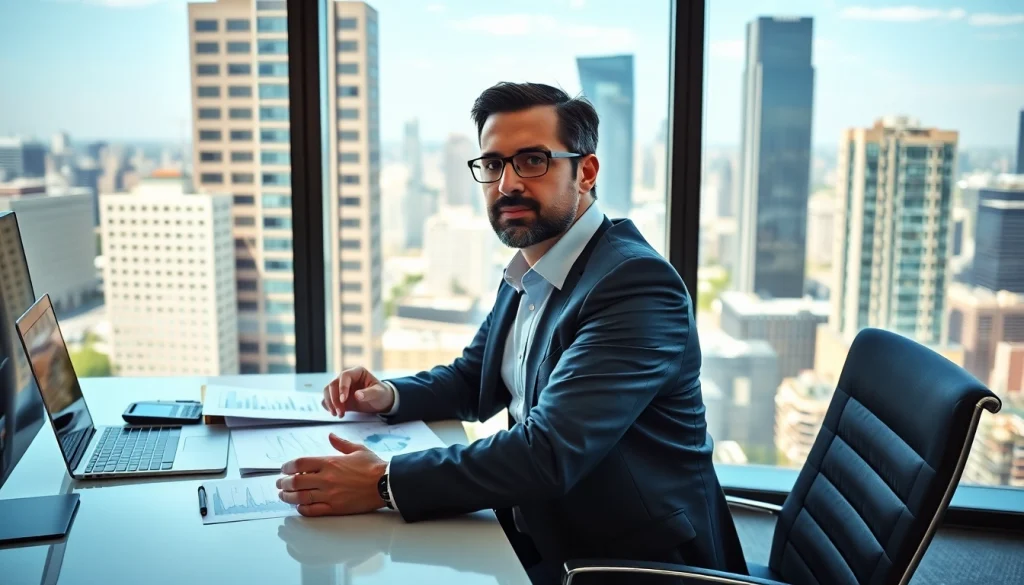 Crisis management consultant strategizing in a modern office environment during a critical situation.