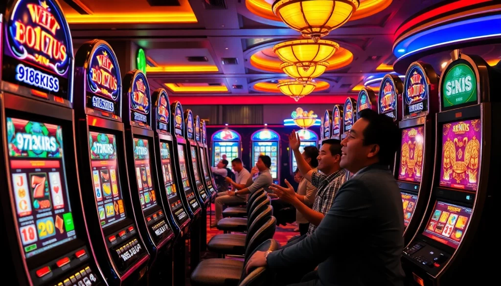 เล่น 918kiss slot บนเครื่องสล็อตในคาสิโนที่มีแสงสว่างสดใสและบรรยากาศสุดระทึก
