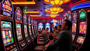 เล่น 918kiss slot บนเครื่องสล็อตในคาสิโนที่มีแสงสว่างสดใสและบรรยากาศสุดระทึก