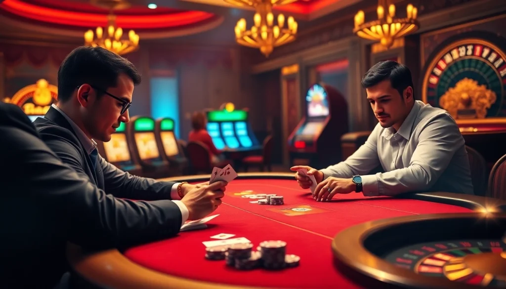 Experience the excitement of 888b online at a luxurious poker table with professional players, chips, and slot machines.