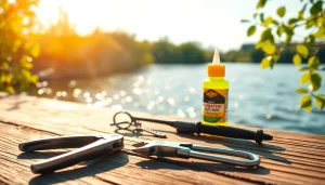 Showcasing fly fishing accessories like nippers and hemostat by a riverbank