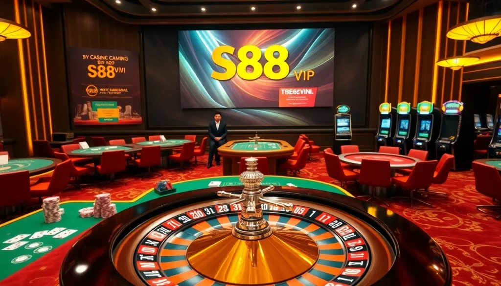 Experience the thrill of gambling at Trang chủ S88VIP with luxurious casino tables and vibrant game elements.