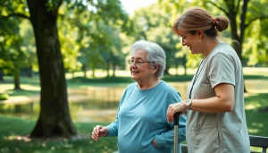 Engaging scene of senior caregivers austin tx providing compassionate support outdoors to elderly clients.
