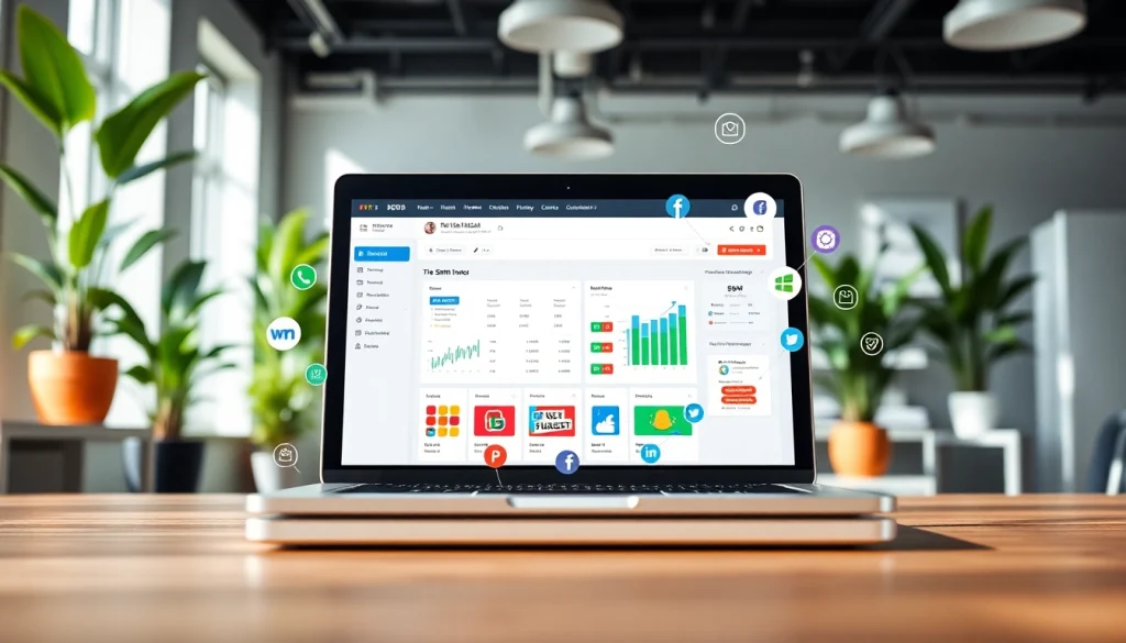 Engage with the tiktok smm panel's vibrant dashboard and social media icons in a modern office.
