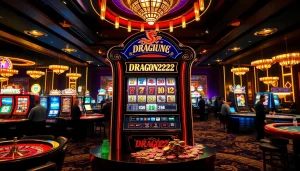 Experience the thrill of the DRAGON222 slot in a luxurious casino setting with players engaged in gaming.