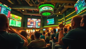 Engaging sports betting South Carolina scene with lively fans cheering in a vibrant sports bar.