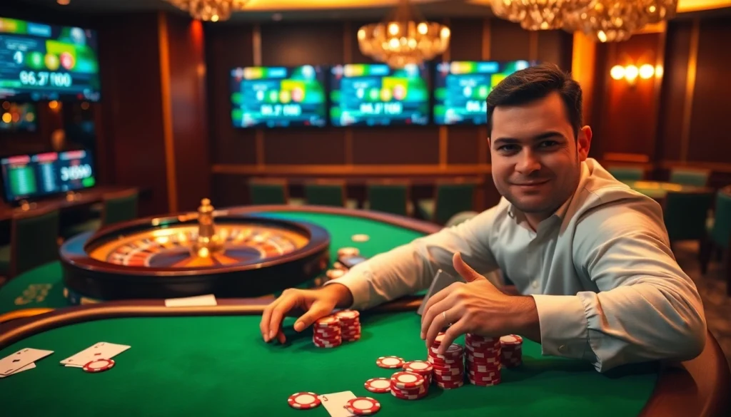 Experience the thrill of 상품권소액결제 at a high-stakes casino with colorful poker chips and vibrant tables.