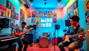 Energetic musicians in a vibrant studio setting for Hello88's creative brand.