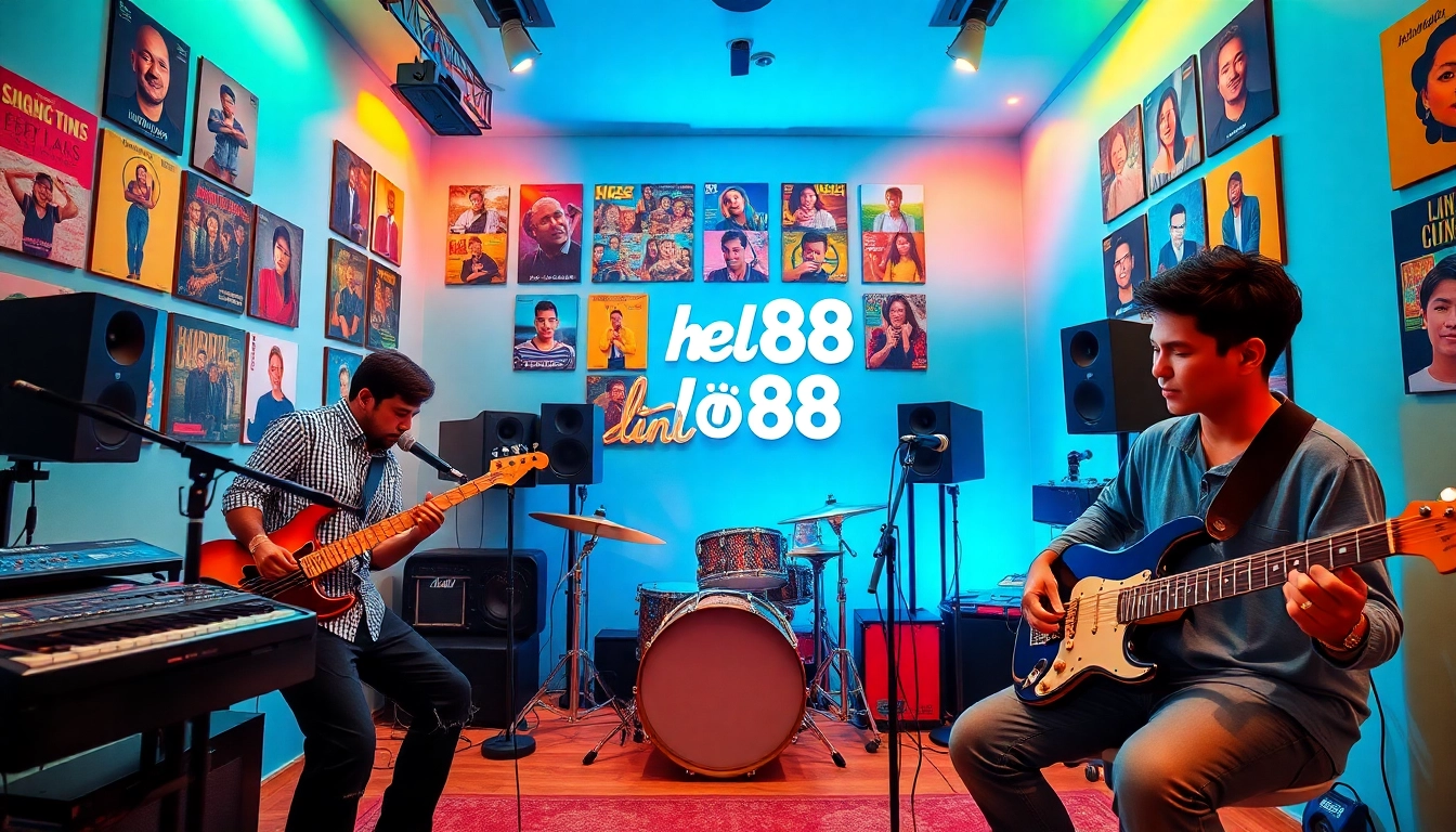 Energetic musicians in a vibrant studio setting for Hello88's creative brand.
