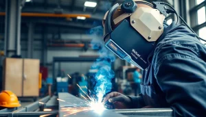 Welder performing structural steel welding in a workshop with focused intensity and safety gear.