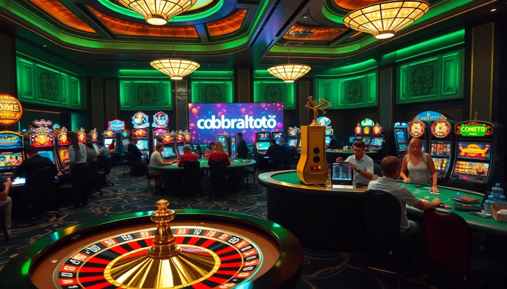 Excited players enjoying the obraltoto experience at a vibrant casino with roulette and slot machines.