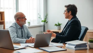 Discussing Property Insurance Claims with an insurance agent in a professional setting.