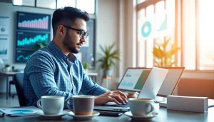 Marketer selling premium content links in a vibrant office, showcasing analytics and strategy.