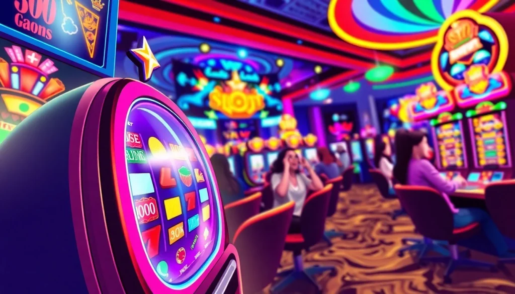 Menangkan slot depo 1000 dalam suasana kasino yang ceria dan penuh warna.