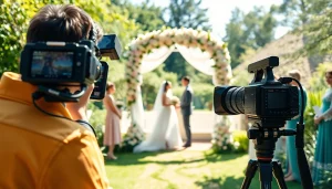Videographer filming a couple's outdoor wedding ceremony with professional equipment.