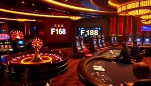 Experience the excitement of 'ลิงก์ F168' in a vibrant casino setting with roulette wheels and engaged players.