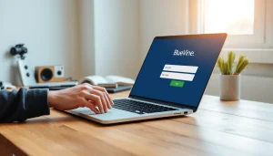 Accessing the BlueVine login page securely from a laptop on a wooden desk.