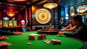 Players enjoying a thrilling poker game at i9bet's luxurious casino.