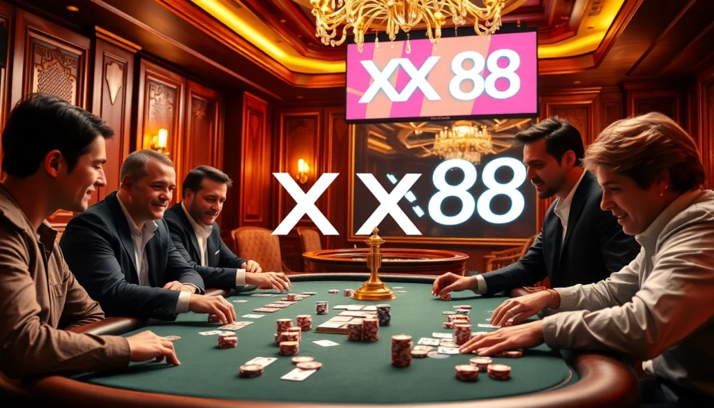 Exciting poker game at XX 88 casino table showcasing vibrant chips and cards.