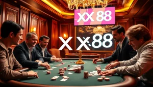 Exciting poker game at XX 88 casino table showcasing vibrant chips and cards.