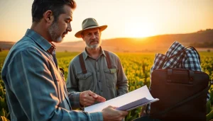 Engage with an agriculture lawyer offering legal advice in a serene farming environment.