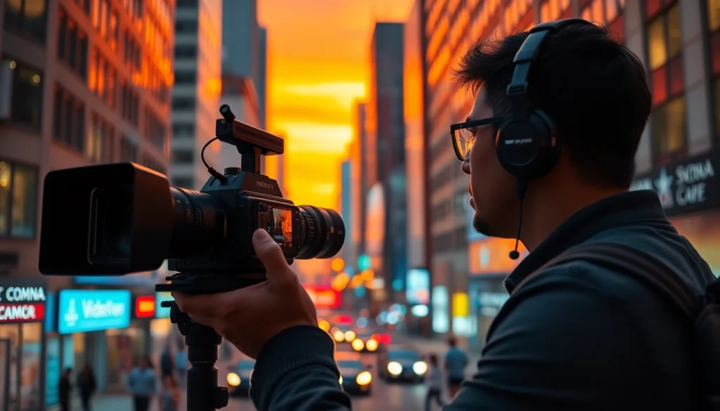 Videographer capturing an urban cityscape at sunset, showcasing the art of videography.