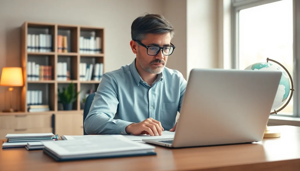 Tradutor juramentado working diligently in a serene professional office environment.