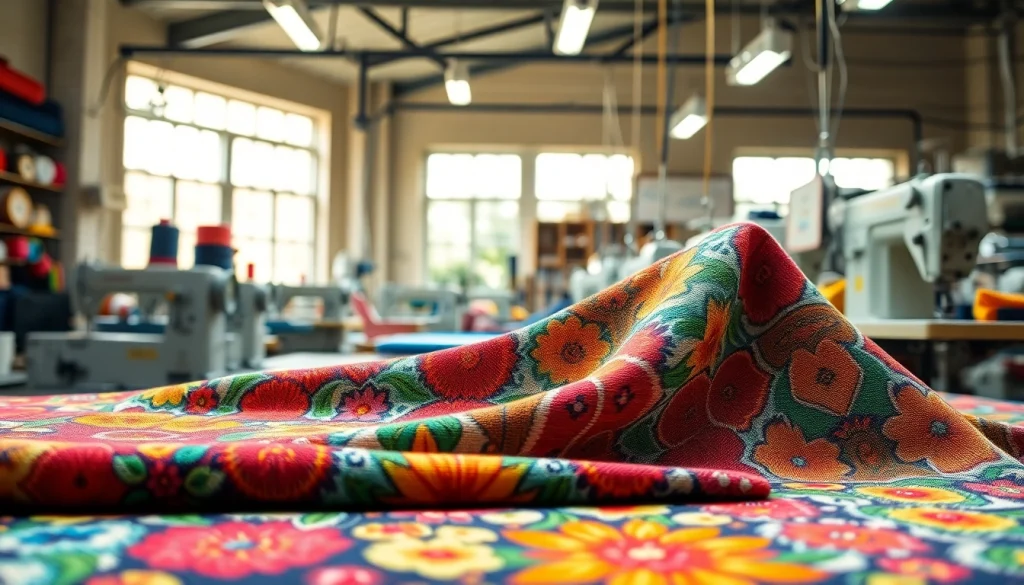 Katoen stof in een drukke naaiwerkplaats met heldere kleuren en texturen.
