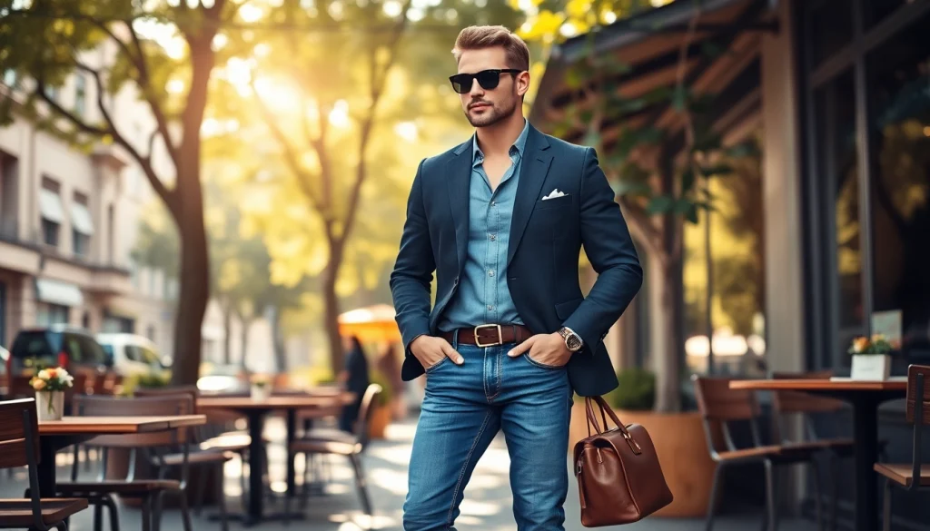 Premium men’s fashion brand showcased by a stylish man in a trendy café.