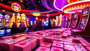 Permainan slot mahjong dengan desain ubin yang menarik dan suasana kasino yang energik.