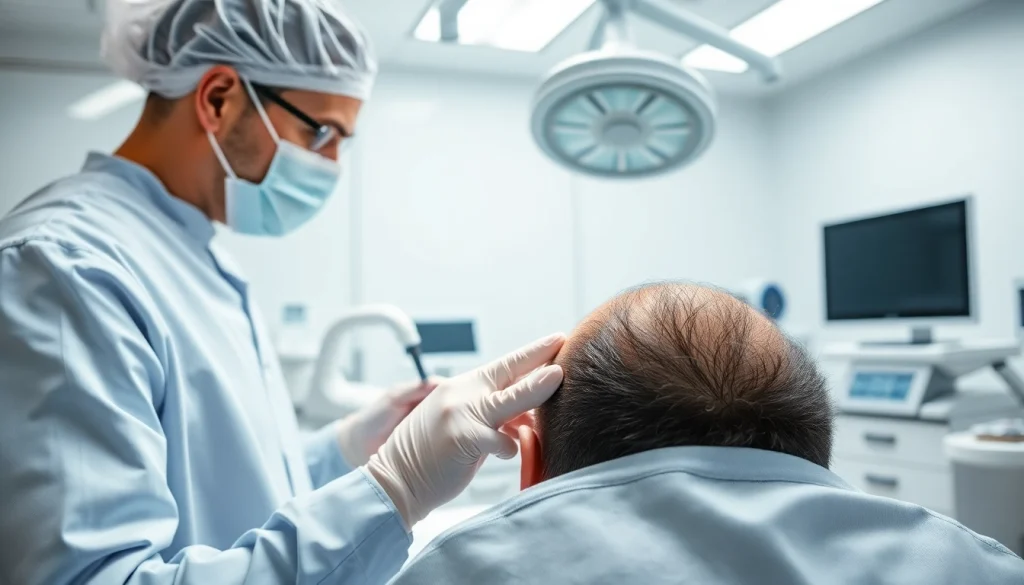 Experience a hair transplant uk procedure showcasing a skilled surgeon in a modern clinic environment.