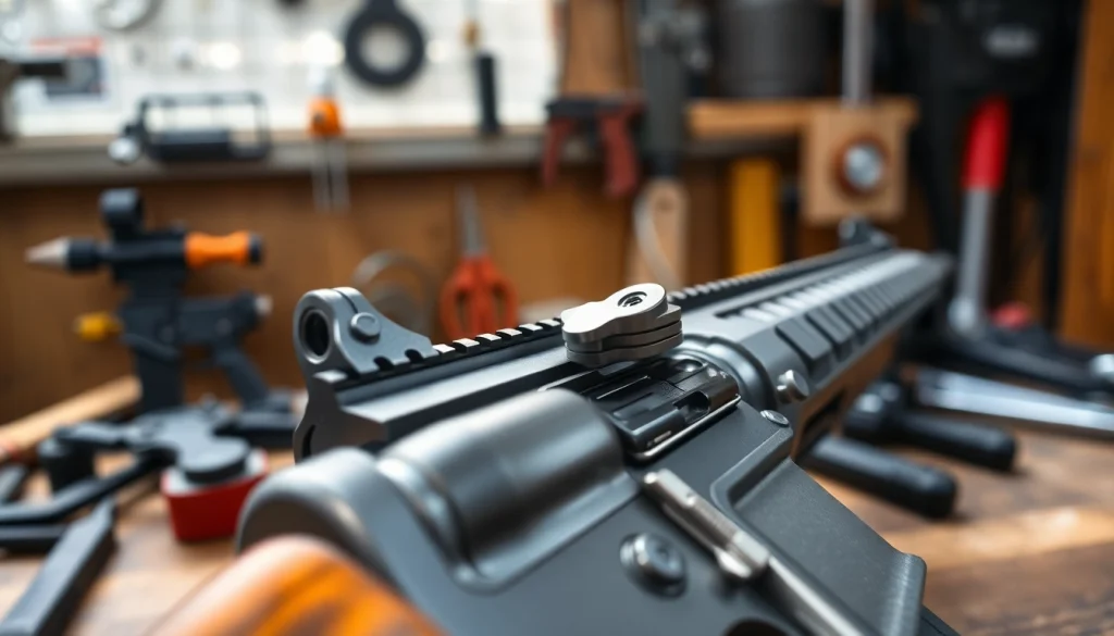 Showcase the ar super safety trigger on an AR-15 in a candid workshop environment.