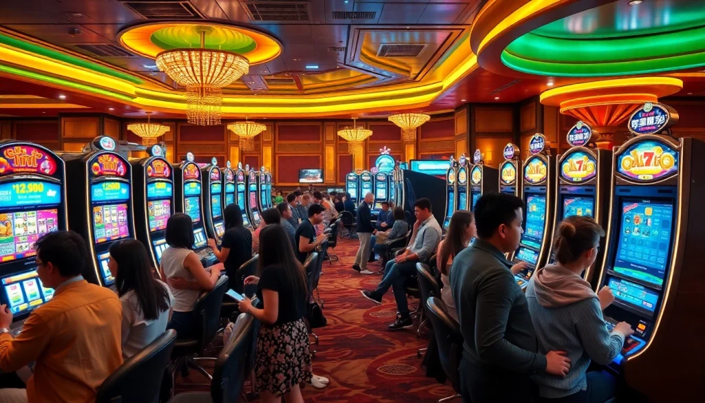 Exciting 슬롯커뮤니티 players enjoying slot machines in a vibrant casino atmosphere.