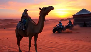 Marrakech camel ride and quad biking experience in Agafay Desert at sunset.