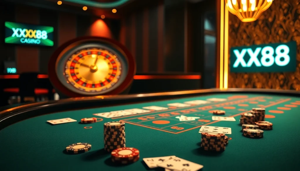 Intense baccarat game at XX88 casino with vibrant chips and elegant cards