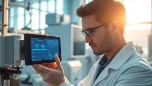 Lab technician examining the das 140 device in a bright laboratory.