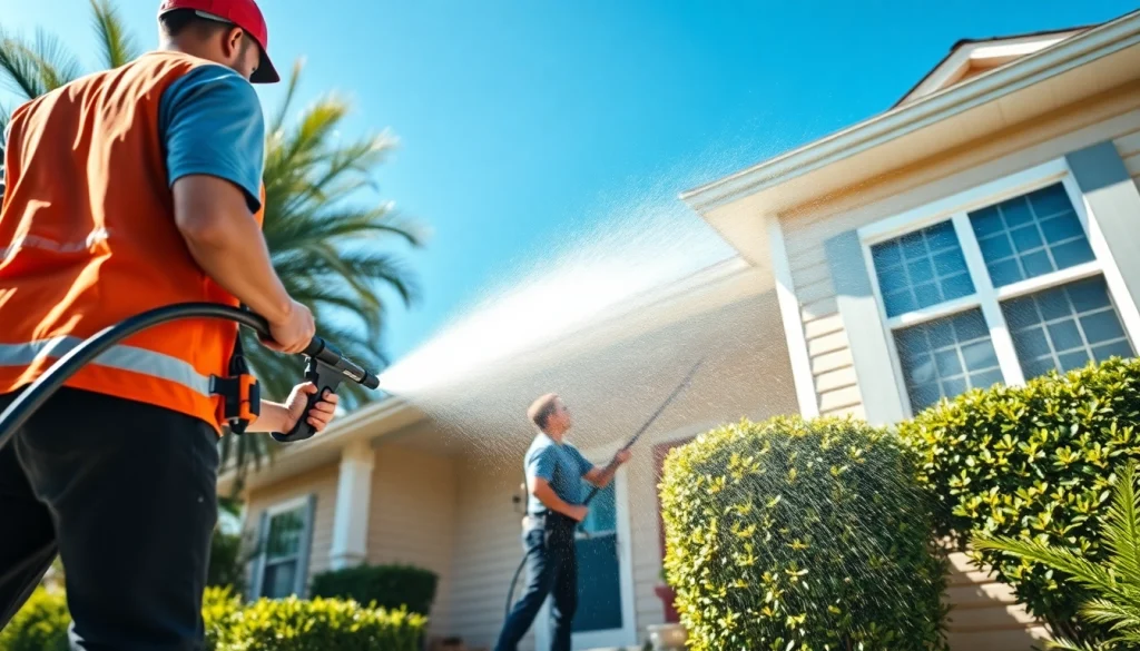 Pressure wash service revitalizing a home's exterior in Kissimmee, FL