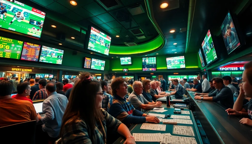 Engaged users in sports betting Alabama at a lively sportsbook atmosphere.