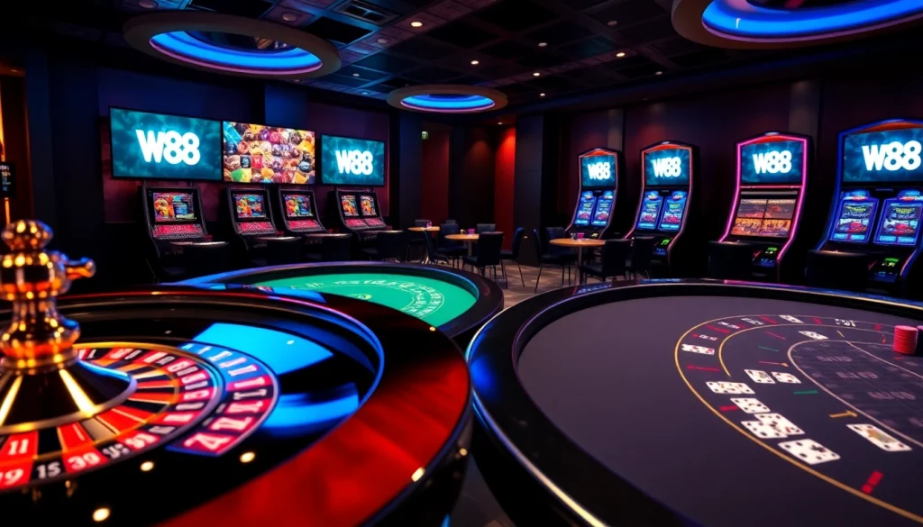 Experience thrilling W88 online casino games with vibrant tables and luxurious decor.