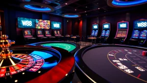 Experience thrilling W88 online casino games with vibrant tables and luxurious decor.