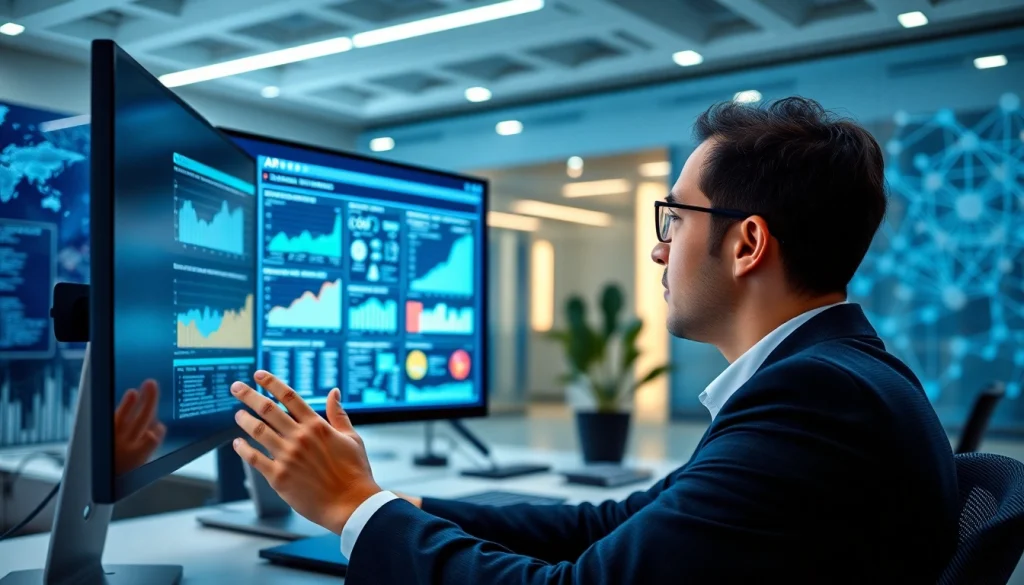 Demonstrating Human Interface with AI through interaction with advanced technology and data analytics.