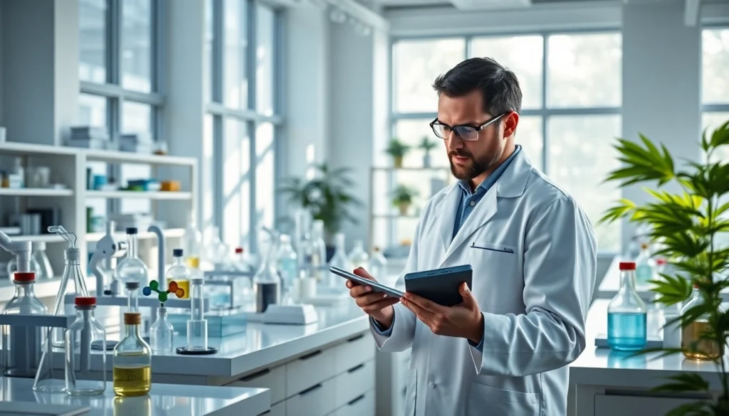 Researcher analyzing cannabinoid structures in a bright lab setting, focusing on win55.