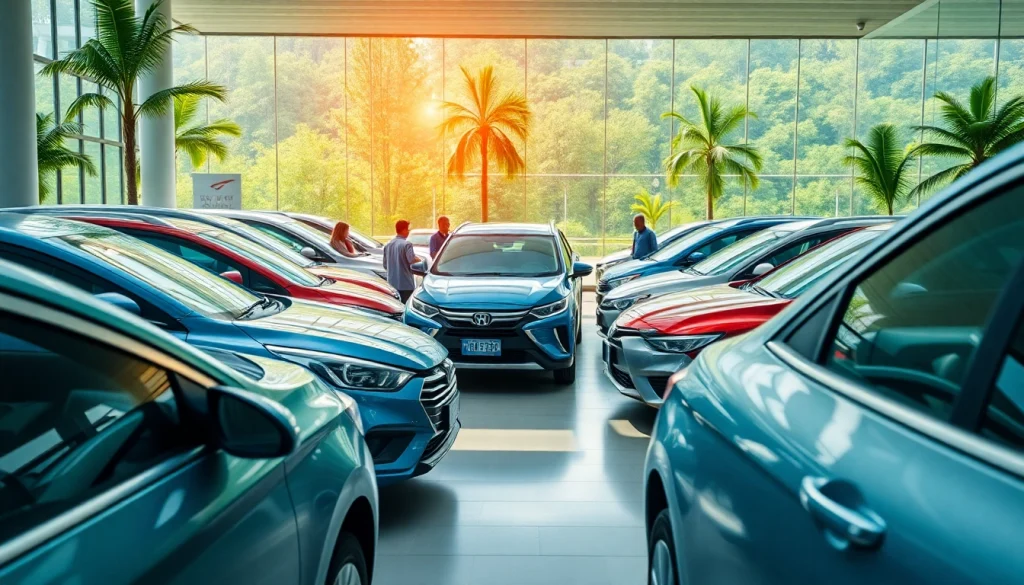 Kuching rent car options displayed at a vibrant airport scene with travelers and rental vehicles.