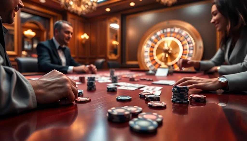 A lively casino scene showcasing i9bet gameplay with poker chips, cards, and a roulette wheel.