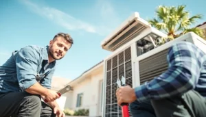 AC repair mesa az carried out by a professional HVAC technician inspecting a residential unit.