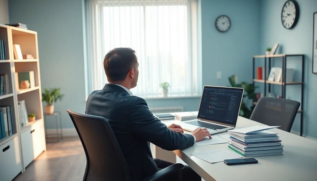 Traducteur portugais certifié au travail, démontrant professionnalisme et documents experts.