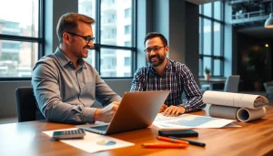 Biuro rachunkowe dla firmy budowlanej – spotkanie w nowoczesnym biurze z wykresami finansowymi.